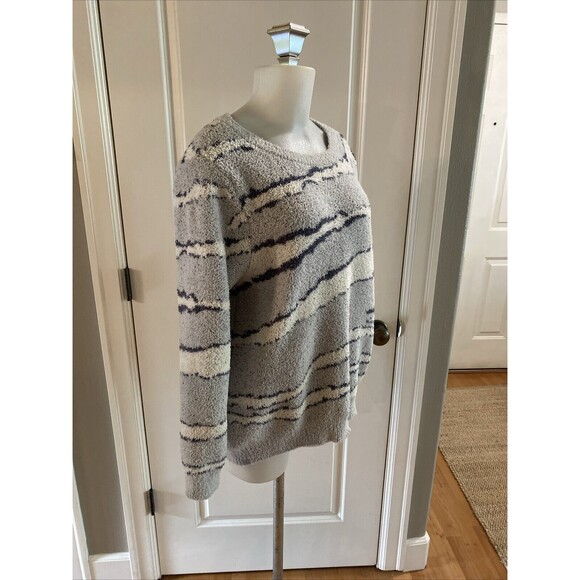 Barefoot Dreams CozyChic Hi-Low Pullover Blue/Cream Sweater -Size L - Picture 3 of 16